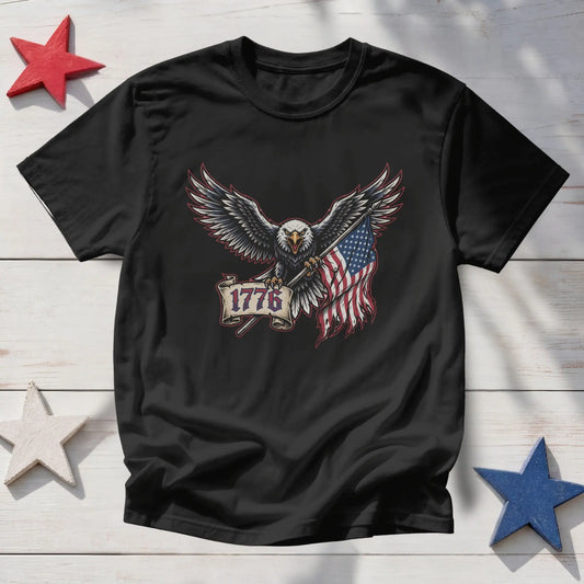 Black t-shirt with an eagle holding an American flag and banner reading "1776".