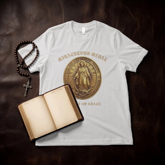 White t-shirt with "Miraculous Medal" and depiction of Virgin Mary.