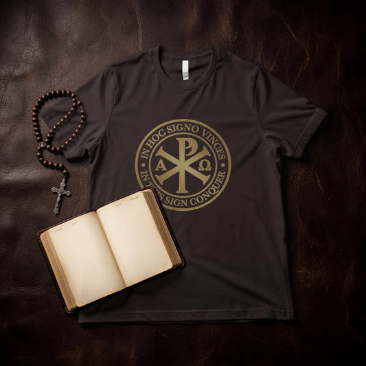 Dark t-shirt with gold Chi Rho symbol and Latin text "In hoc signo vinces".