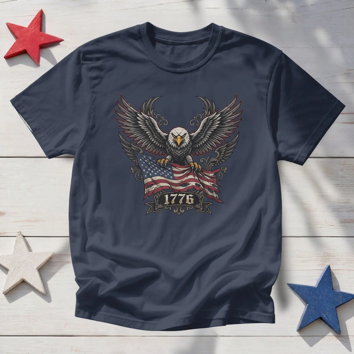 Navy t-shirt with bald eagle and American flag graphic featuring "1776".