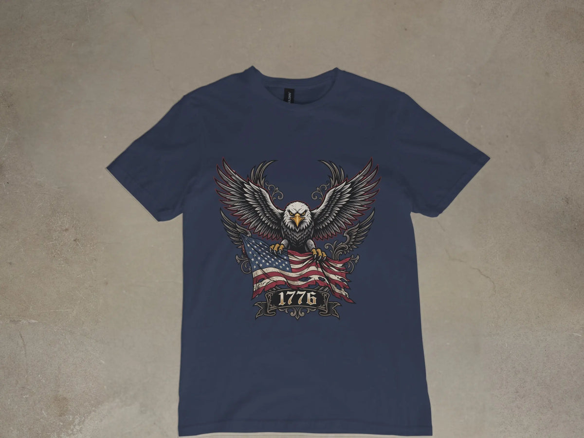 Navy t-shirt with patriotic eagle, American flag, and the year 1776.