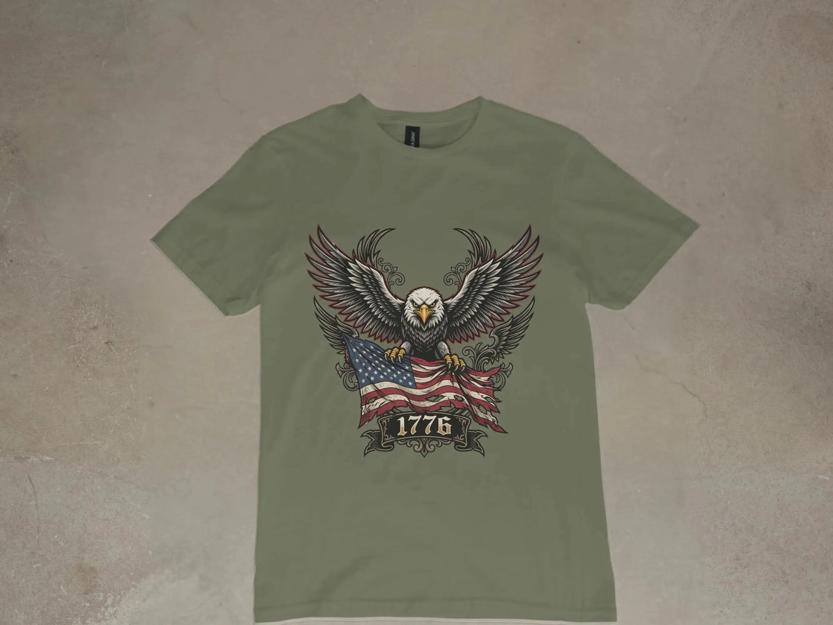 Green t-shirt with an eagle holding an American flag and the text "1776".