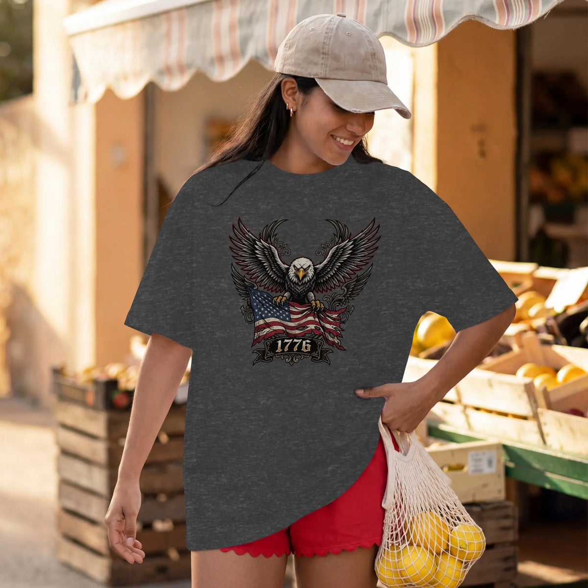 T-shirt with eagle, American flag, and "1776" graphic.