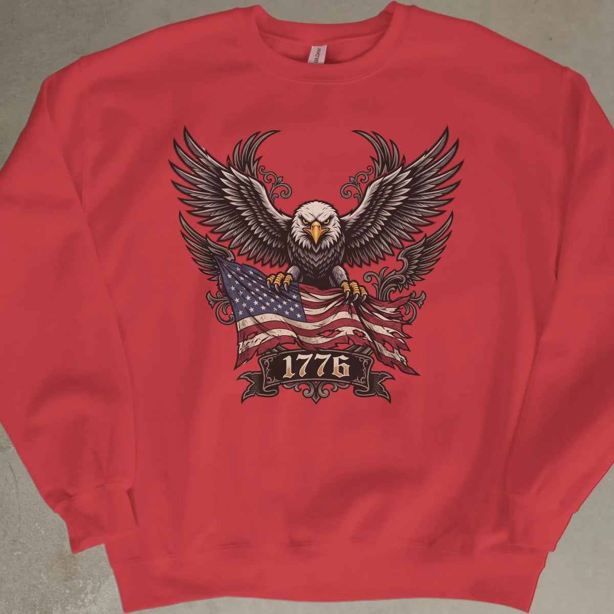 Red sweatshirt with eagle holding distressed American flag and the text "1776".