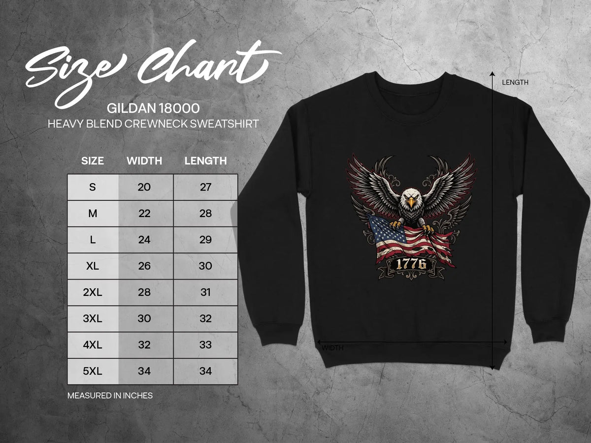 Gildan 18000 Heavy Blend sweatshirt size chart with eagle and American flag design.