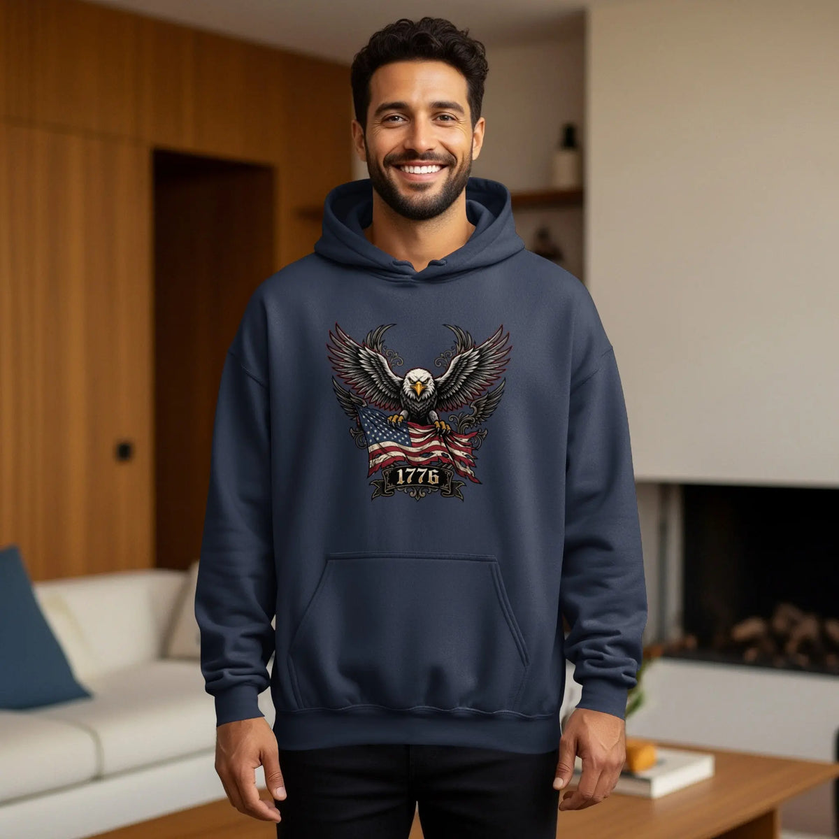 Navy hoodie with eagle, American flag, and "1776" graphic design.