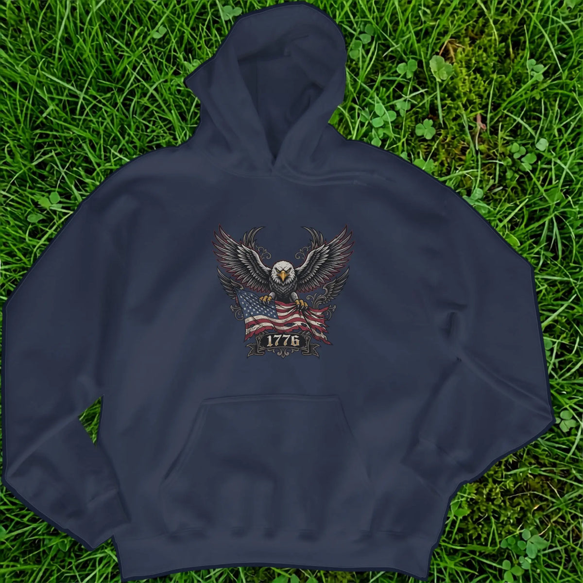 Navy hoodie with eagle, American flag, and "1776" text graphic.