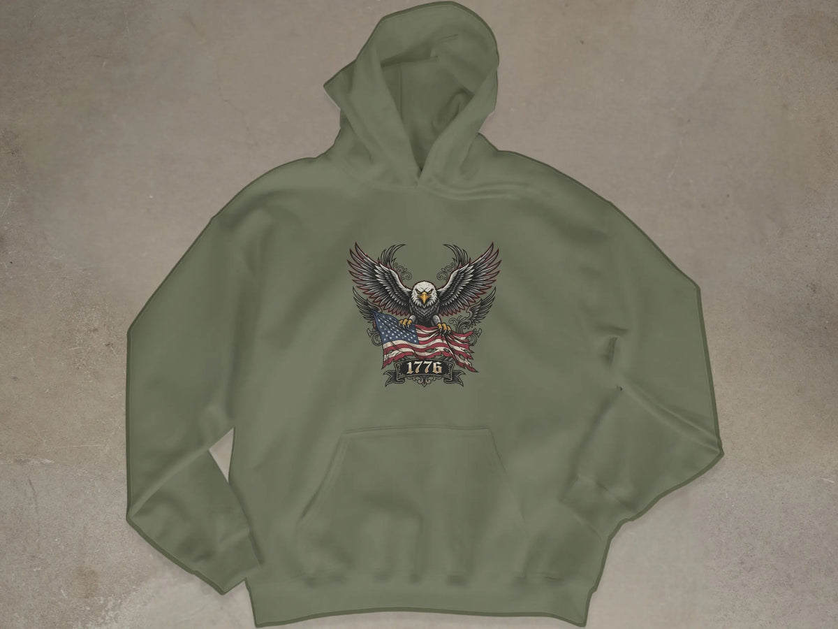 Green hoodie with eagle, American flag, and "1776" graphic on chest.