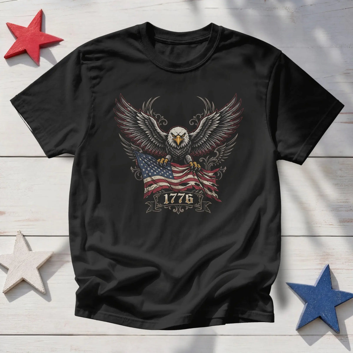 Black t-shirt with eagle and US flag graphic, featuring "1776".