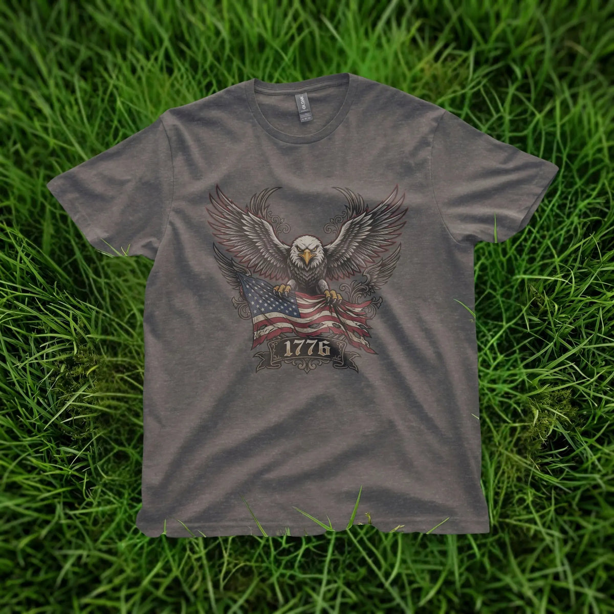 T-shirt with eagle and American flag graphic, featuring the year 1776.