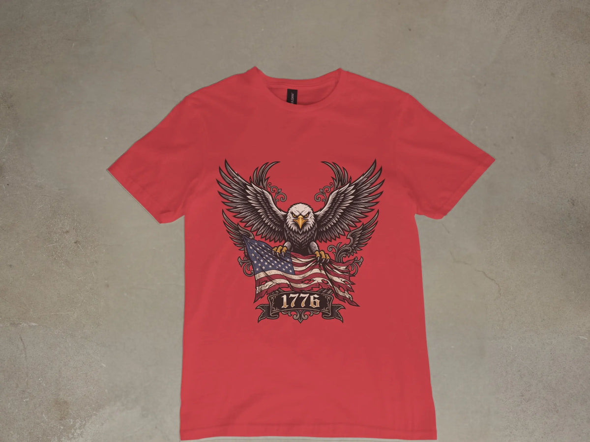 Red t-shirt with eagle, American flag, and "1776".
