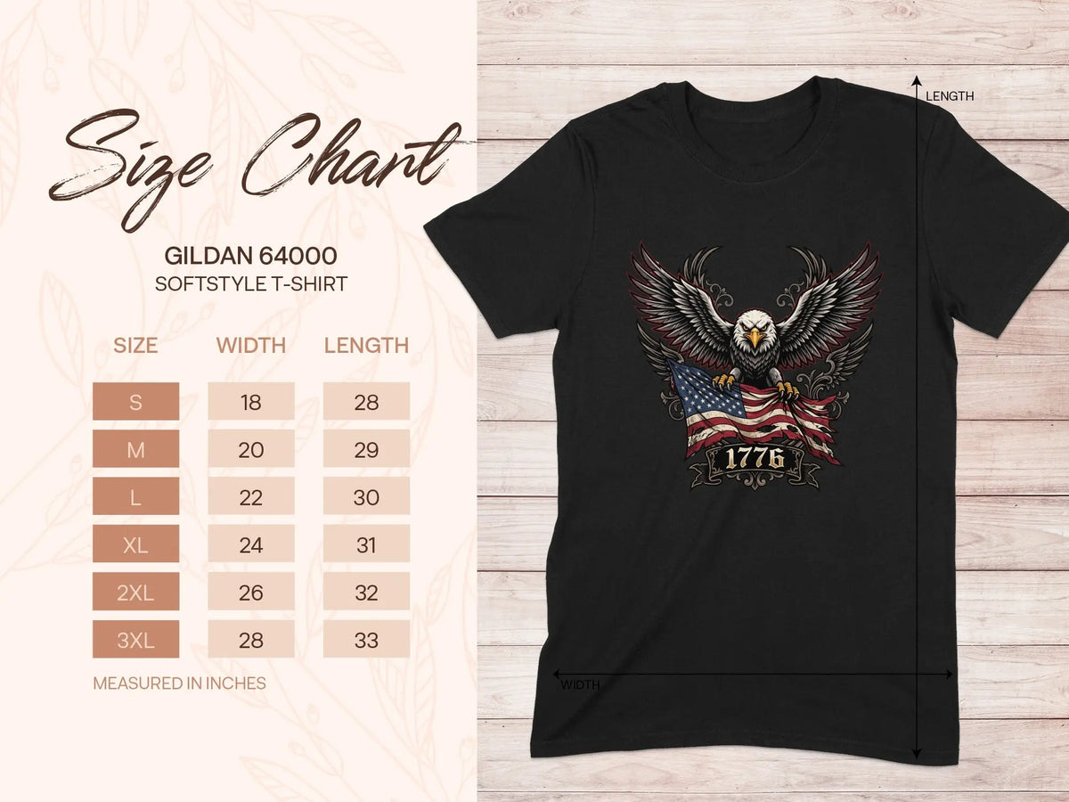 Gildan 64000 softstyle t-shirt size chart with eagle graphic.