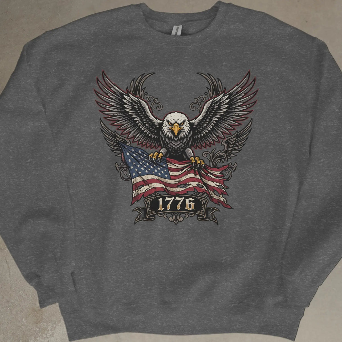 Eagle holding tattered American flag with "1776" banner below.