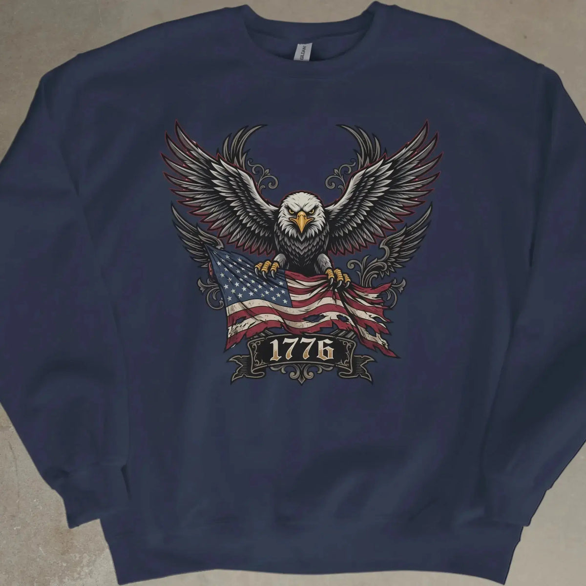 Navy sweatshirt with an eagle holding an American flag and the year 1776.