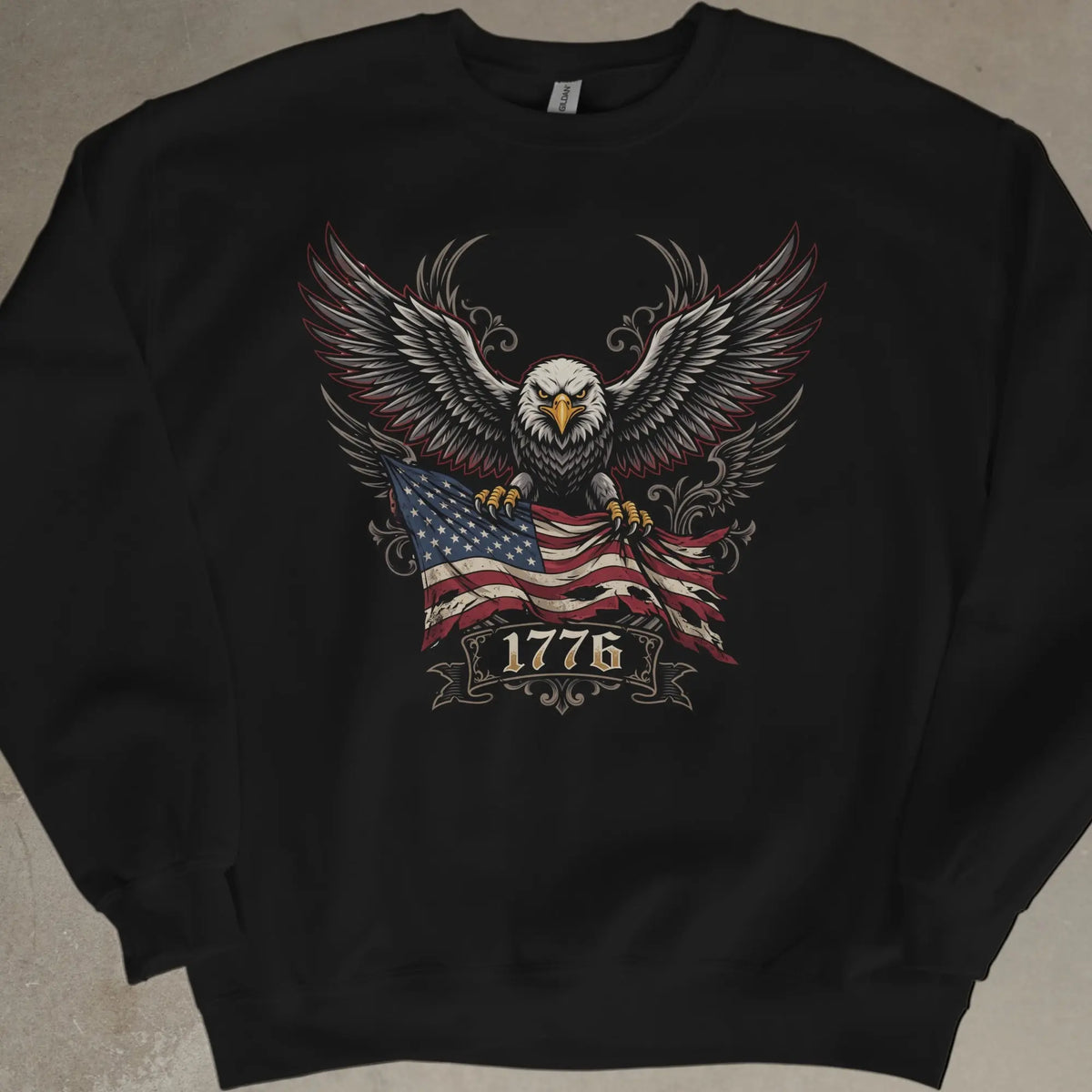 Black sweatshirt featuring an eagle gripping the American flag with "1776" below.
