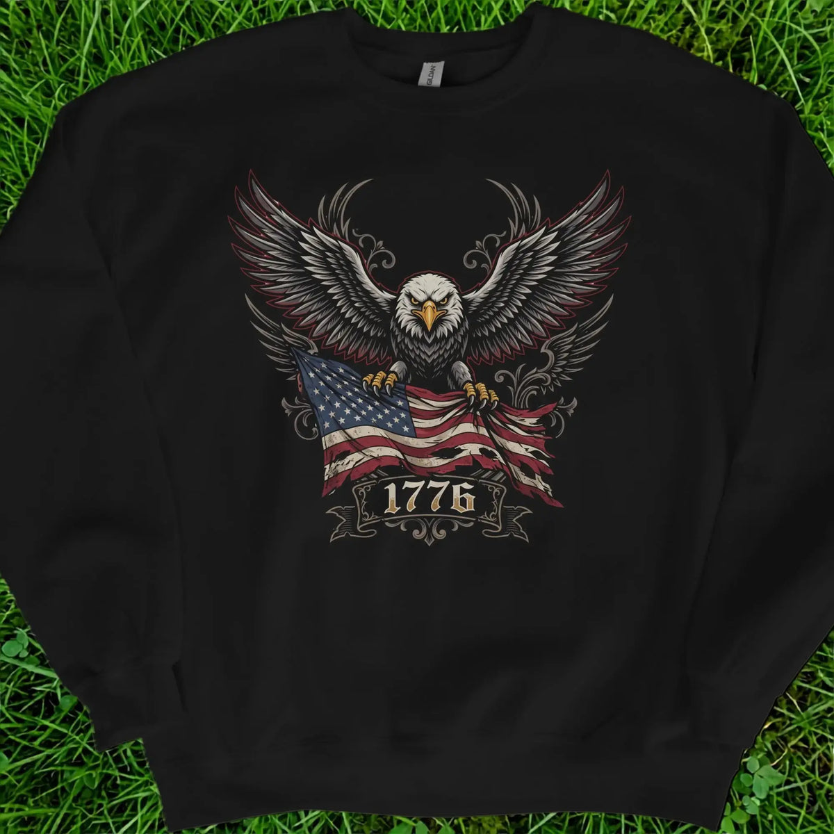 Black sweatshirt with an eagle holding an American flag and the text "1776".