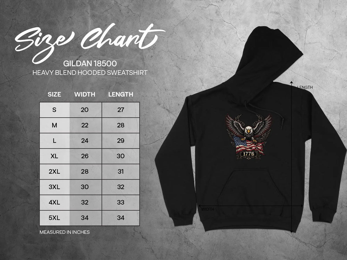 Gildan 18500 Heavy Blend hooded sweatshirt size chart with width and length measurements.