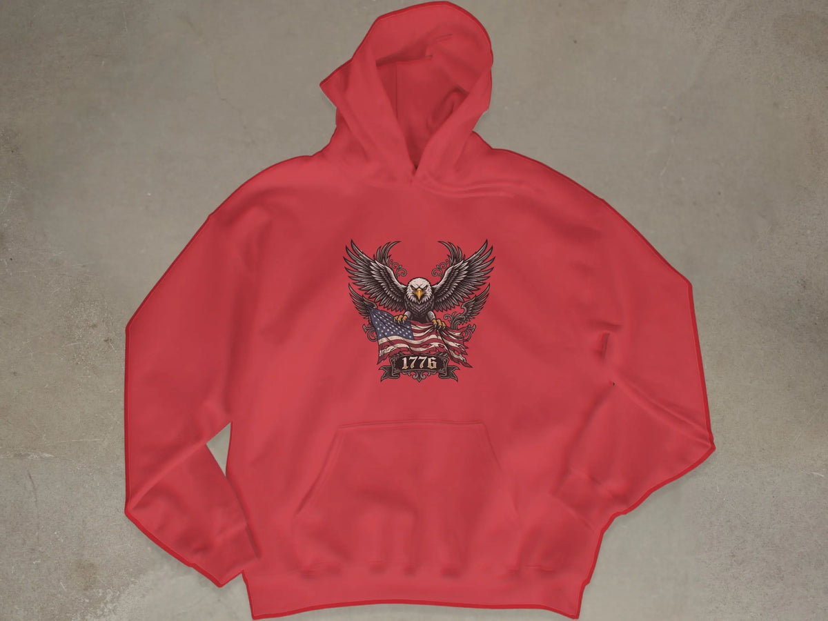 Red hoodie with eagle, American flag, and "1776" text graphic.