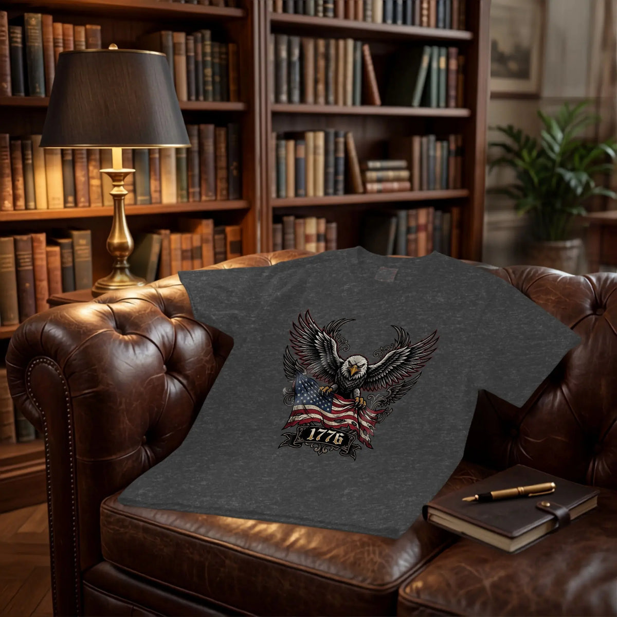 Dark gray t-shirt with an eagle holding an American flag and "1776" text.