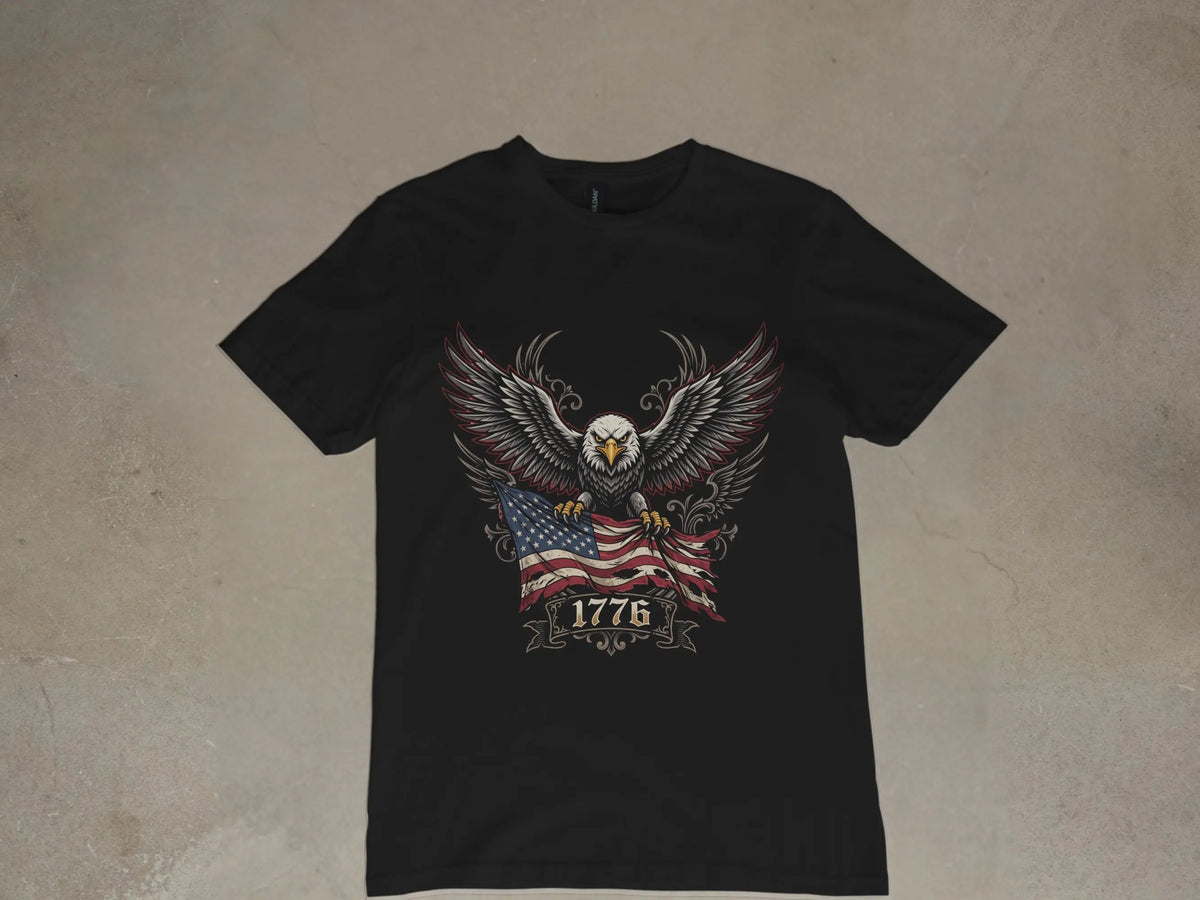 Black t-shirt with eagle clutching American flag and "1776" text.