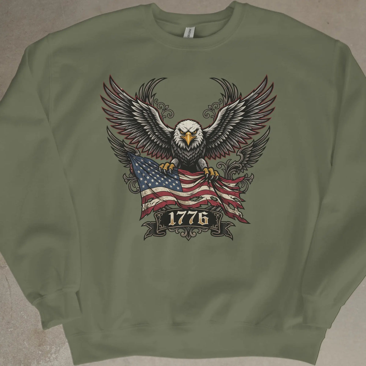 Eagle with American flag and "1776" text on a green sweatshirt.