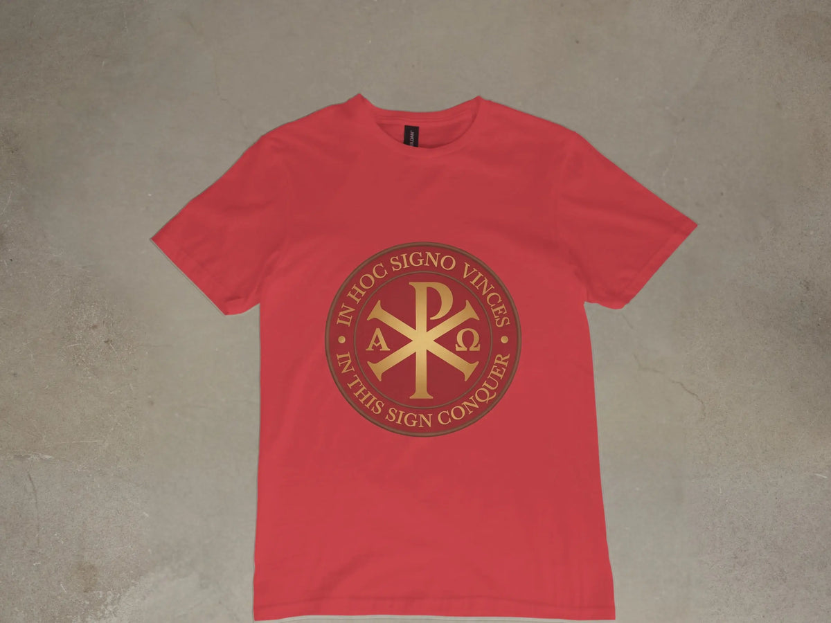 Red t-shirt with gold Chi Rho symbol and Latin text.