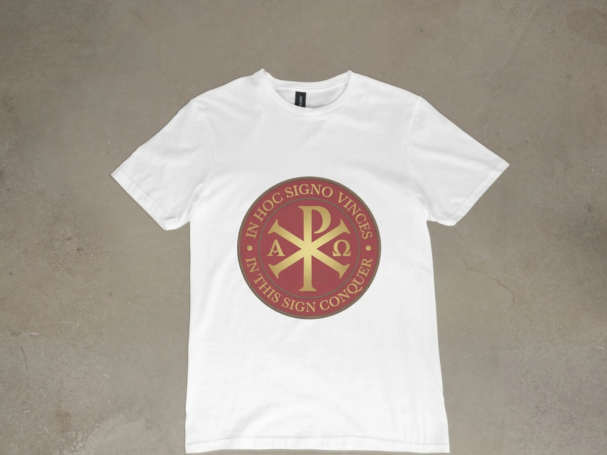 White t-shirt with a crimson circular emblem featuring Chi Rho, Alpha, and Omega symbols.