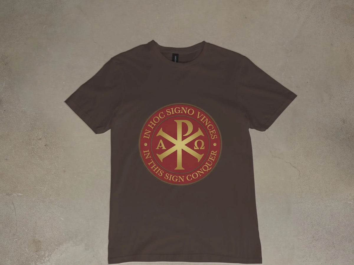 Brown t-shirt with a red and gold Chi-Rho symbol and Latin text.