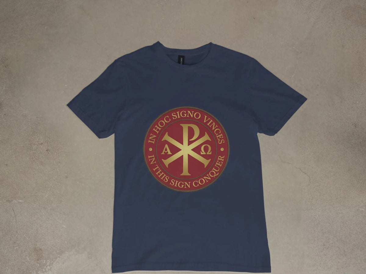 Navy t-shirt with a red and gold Chi Rho symbol and Latin/English text.