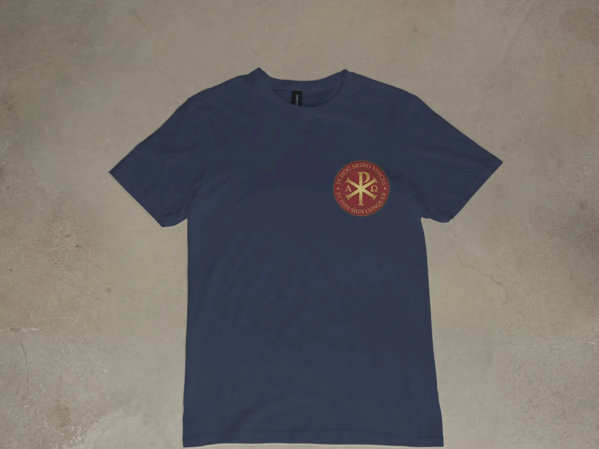 Navy t-shirt with red and gold circular emblem and text.