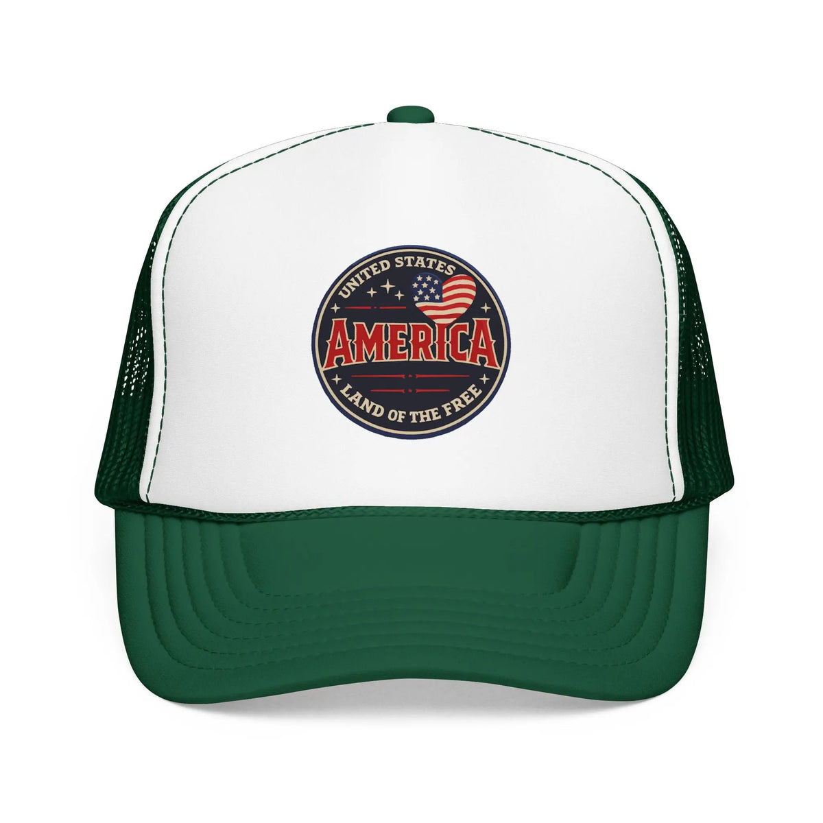 White and green trucker hat with "America" and American flag emblem.