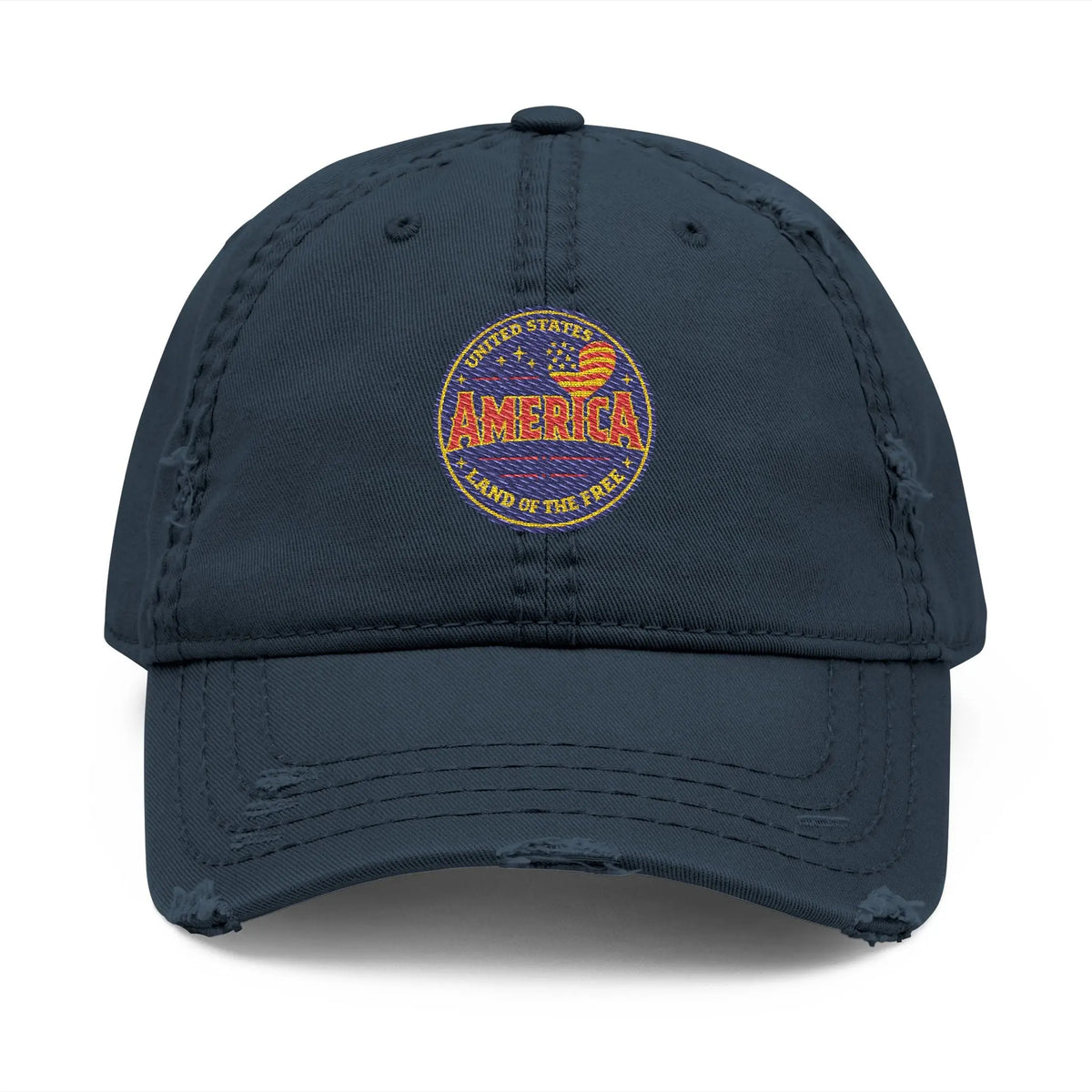 Distressed navy baseball cap with embroidered "United States America Land of the Free" badge.