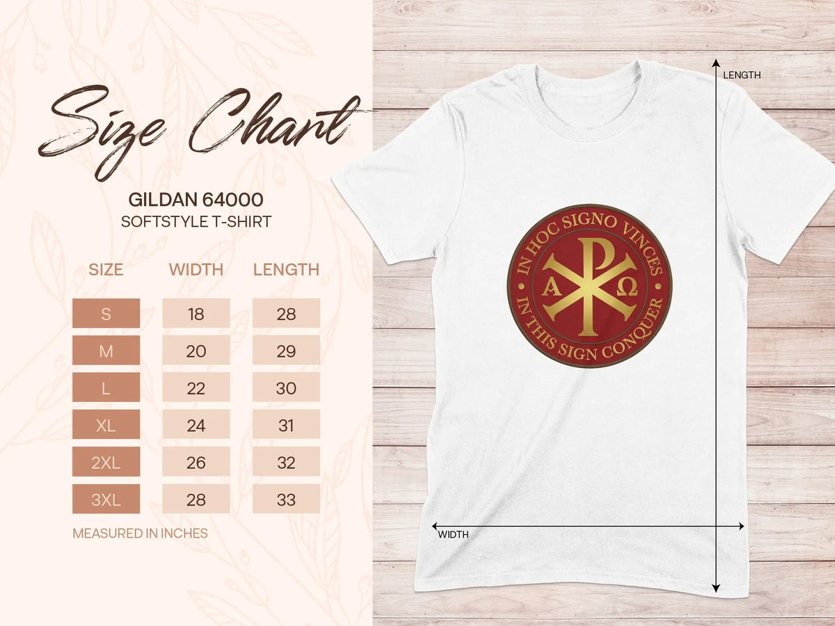 Gildan 64000 softstyle t-shirt size chart with width and length measurements.