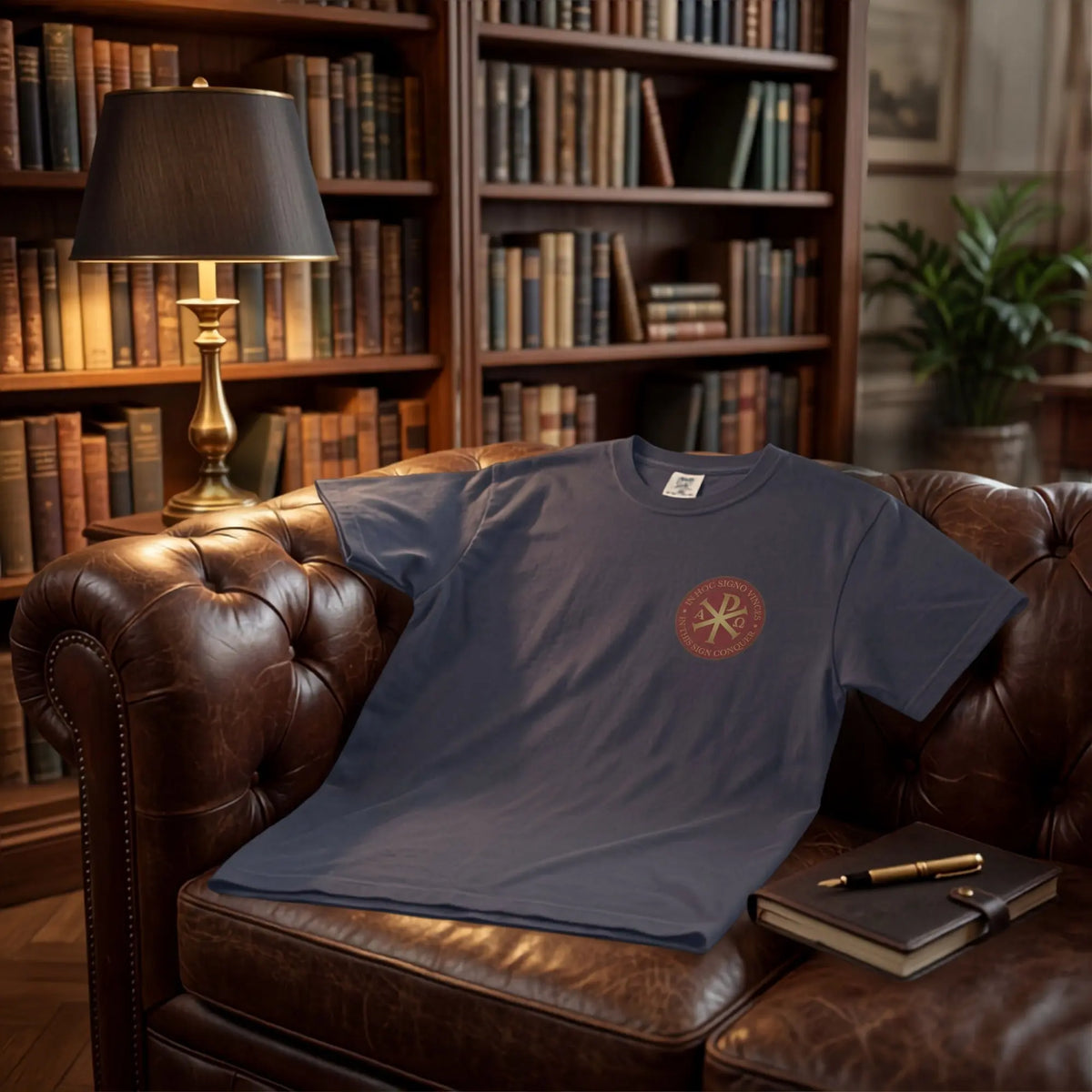 Dark blue t-shirt with circular emblem on chest, placed on leather couch.