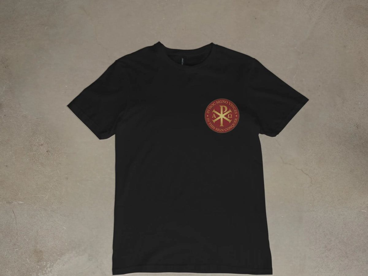 Black t-shirt with red and gold circular emblem on chest.
