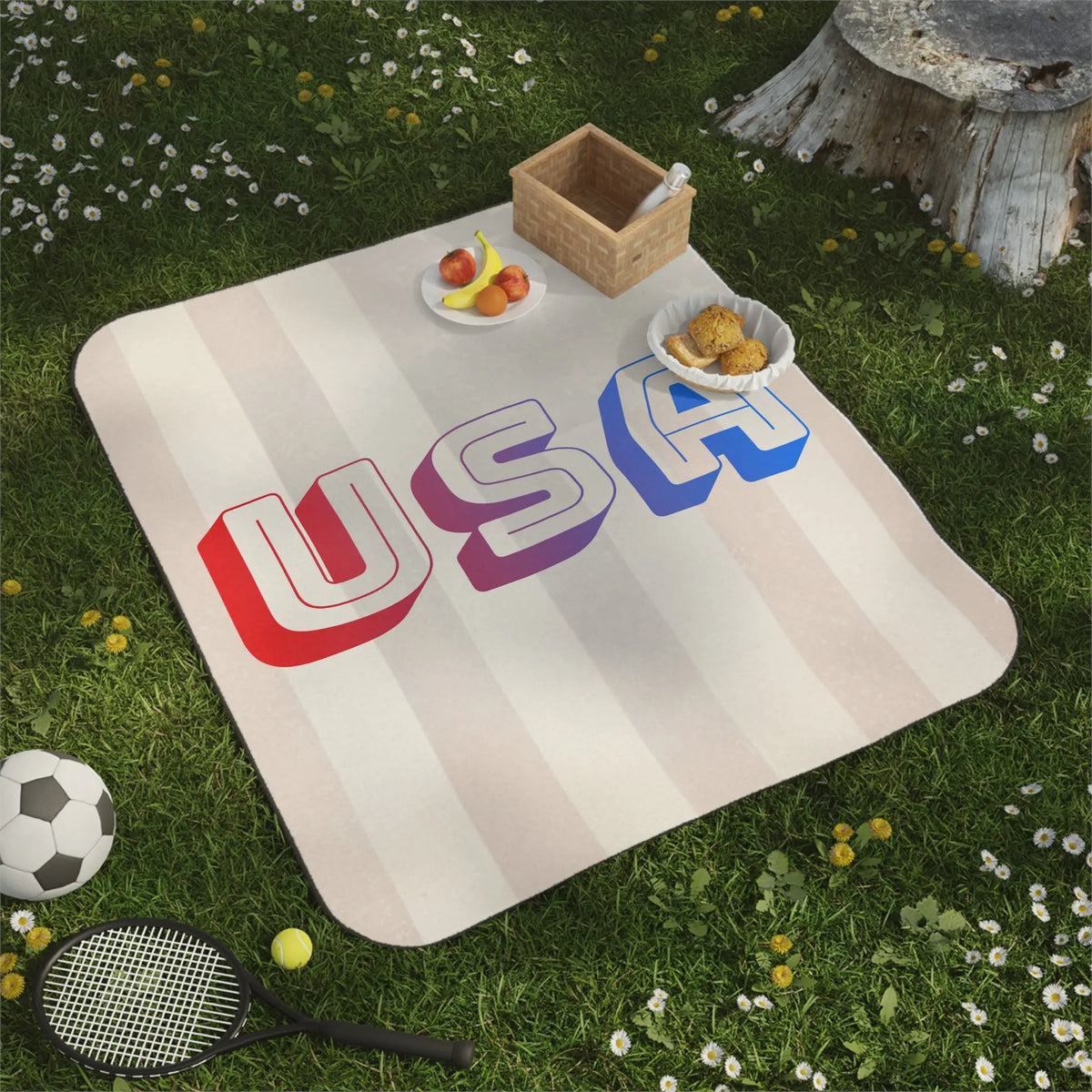 Picnic blanket with "USA" text, soccer ball, tennis racket, and fruit on grass.