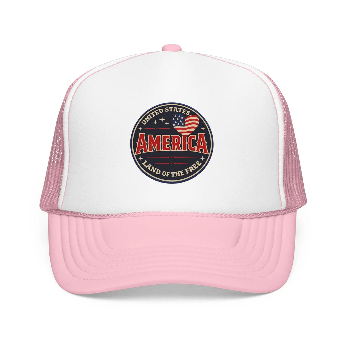 Pink trucker hat with a circular emblem reading United States America, Land of the Free.