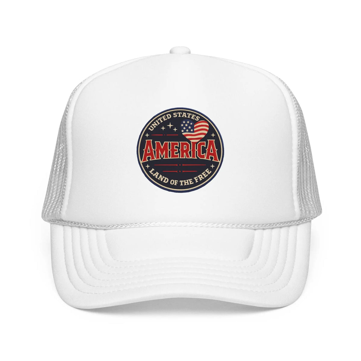 White trucker hat with a circular American flag patch reading "United States America Land of the Free".