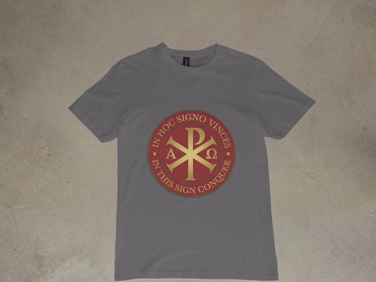 Grey t-shirt with a red and gold Chi Ro symbol and Latin text.