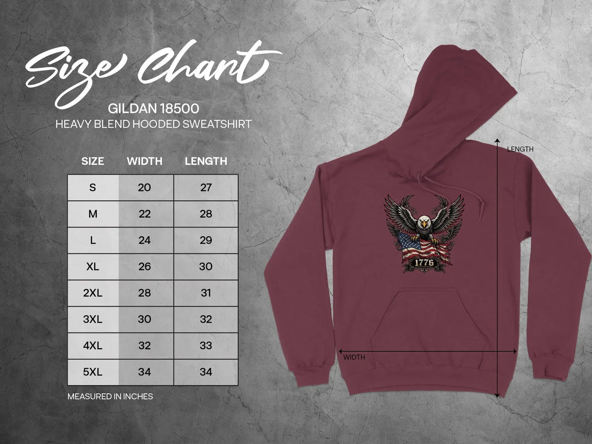 Gildan 18500 Heavy Blend Hooded Sweatshirt size chart with width and length measurements.