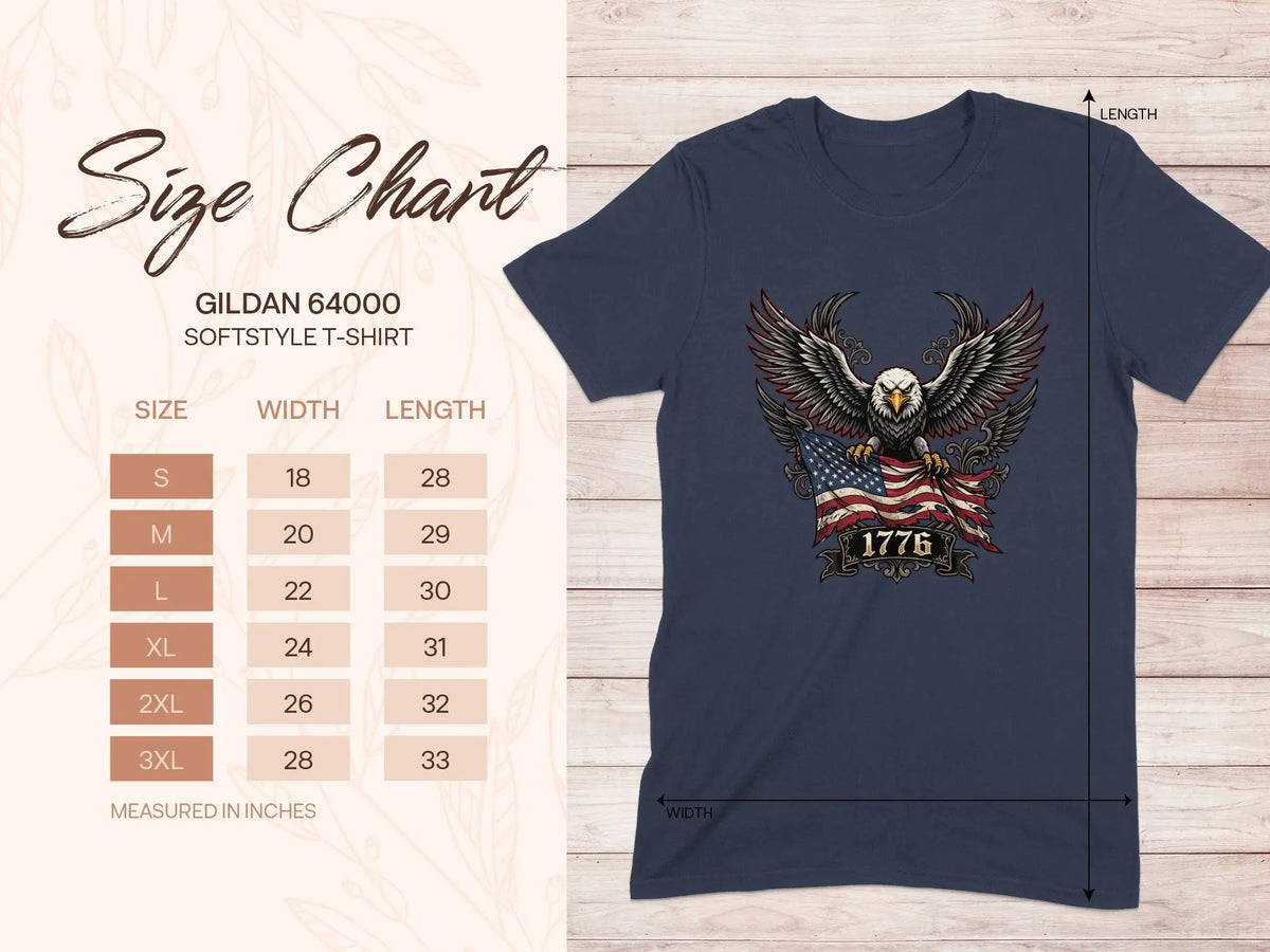 Gildan 64000 Softstyle T-Shirt size chart with eagle and American flag design.