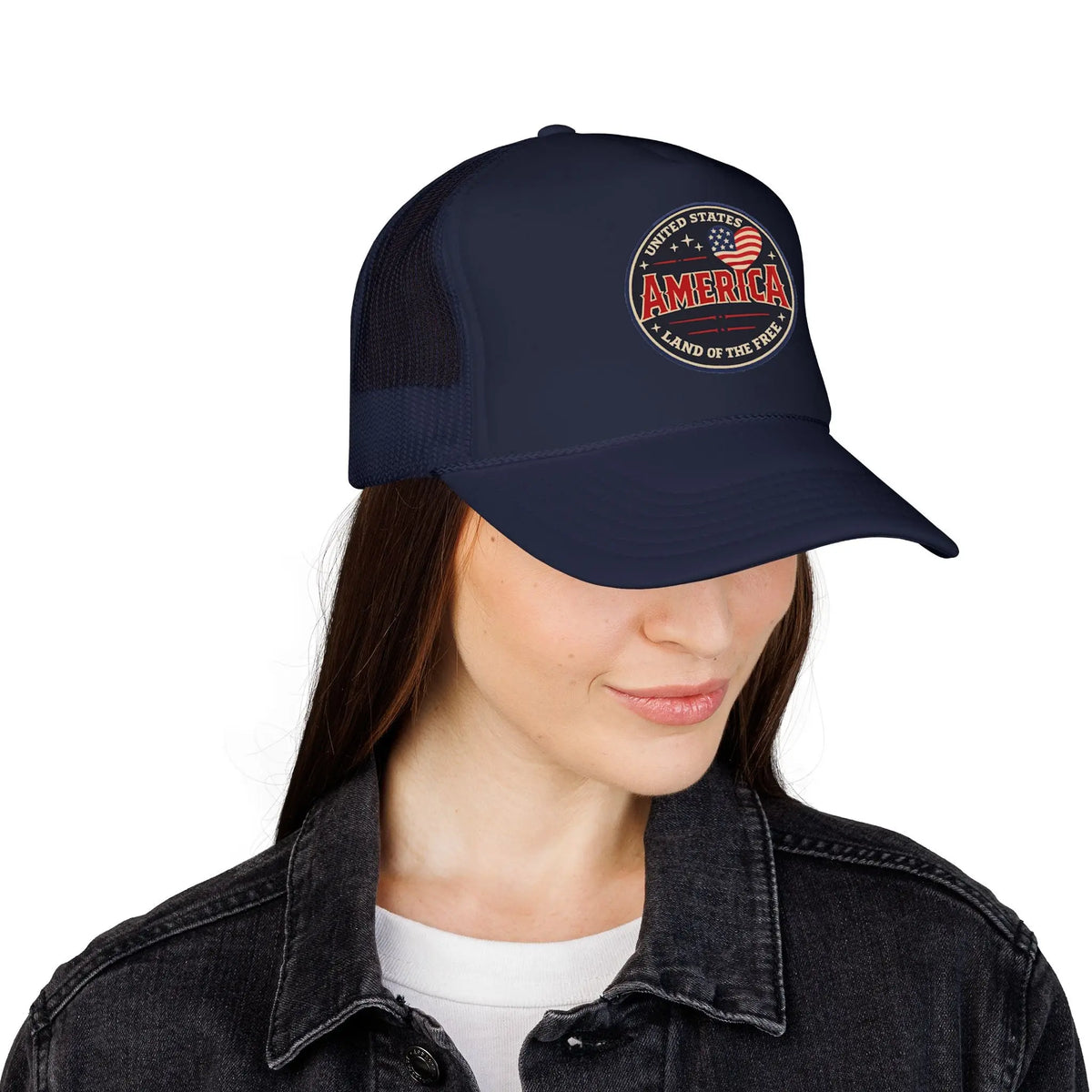 Navy trucker cap with American flag and "America Land of the Free" patch.