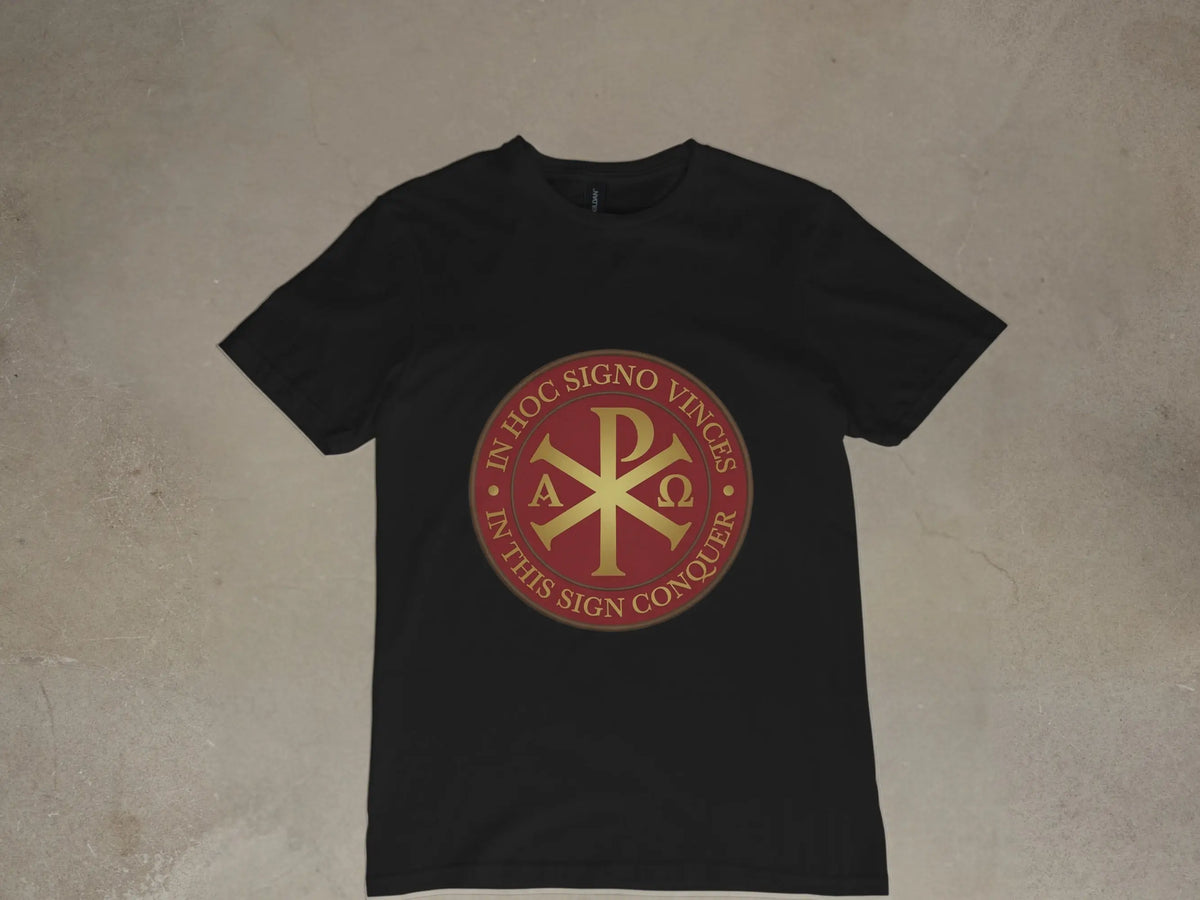 Black t-shirt with a gold chi-rho symbol and Latin text "In hoc signo vinces".