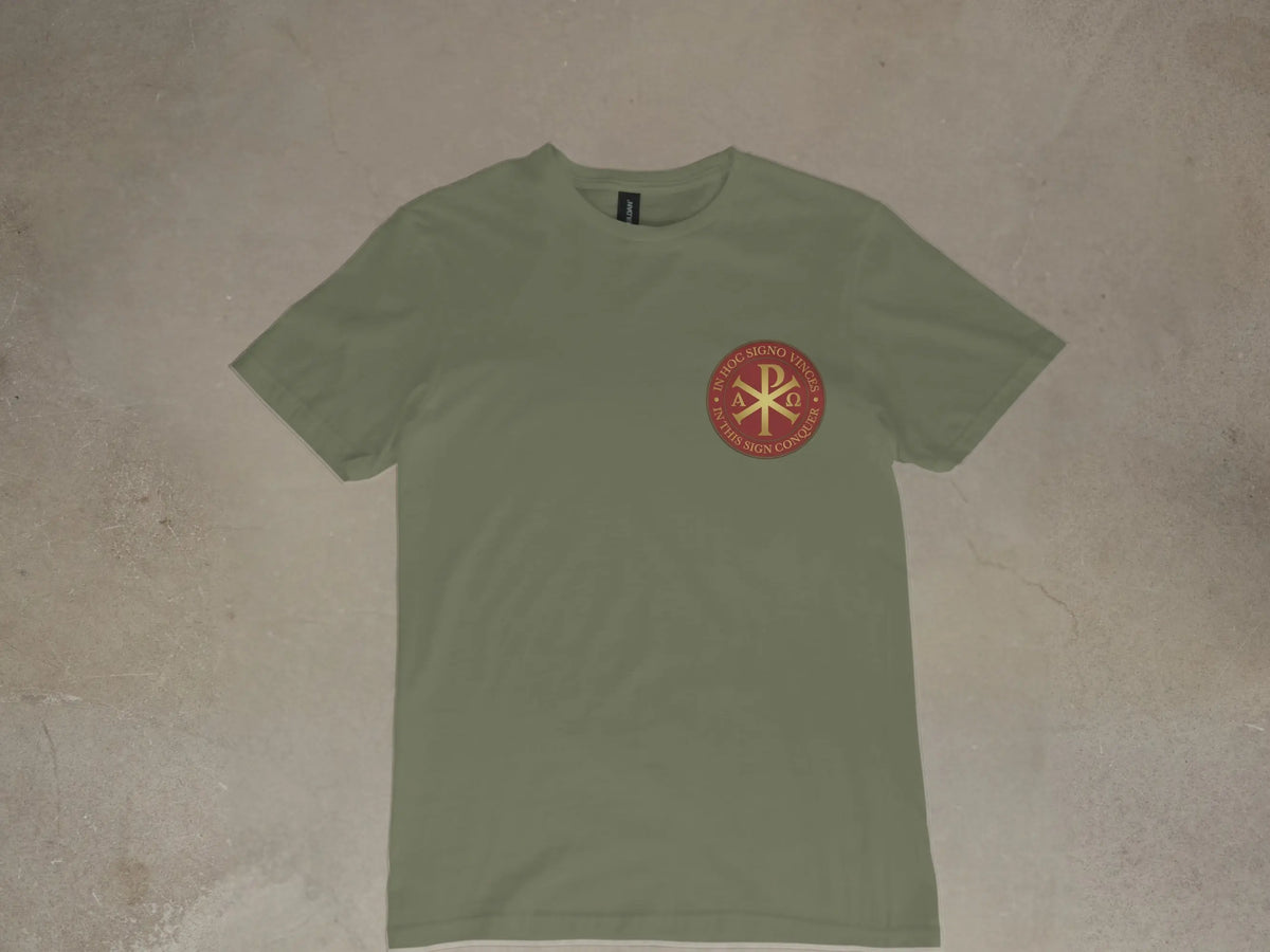 Olive green t-shirt with a circular crimson emblem on the left chest.